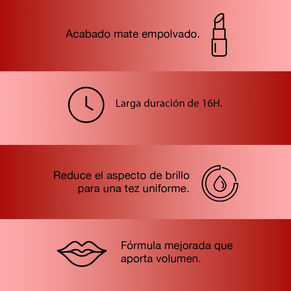 Acabado mate empolvado, larga duración de 16 horas, reduce el impacto de brillo para una tez uniforme. Fórmula mejorada que aporta volumen. Colombia.